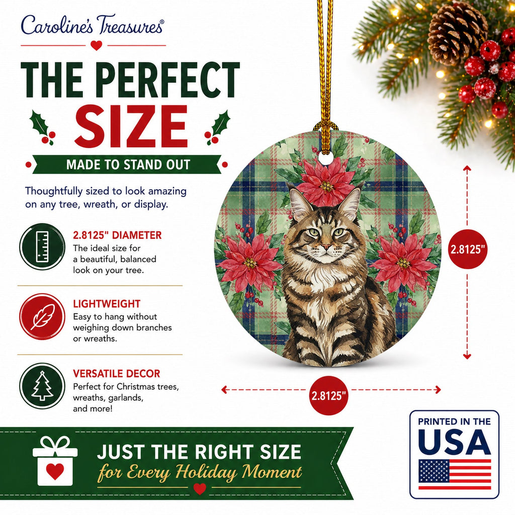 MaineCoon Brown Tabby Cat with Poinsettias Ceramic Ornament Christmas Tree Hanging Decorations for Home Christmas Holiday, Party, Gift, 3 in, Multicolor