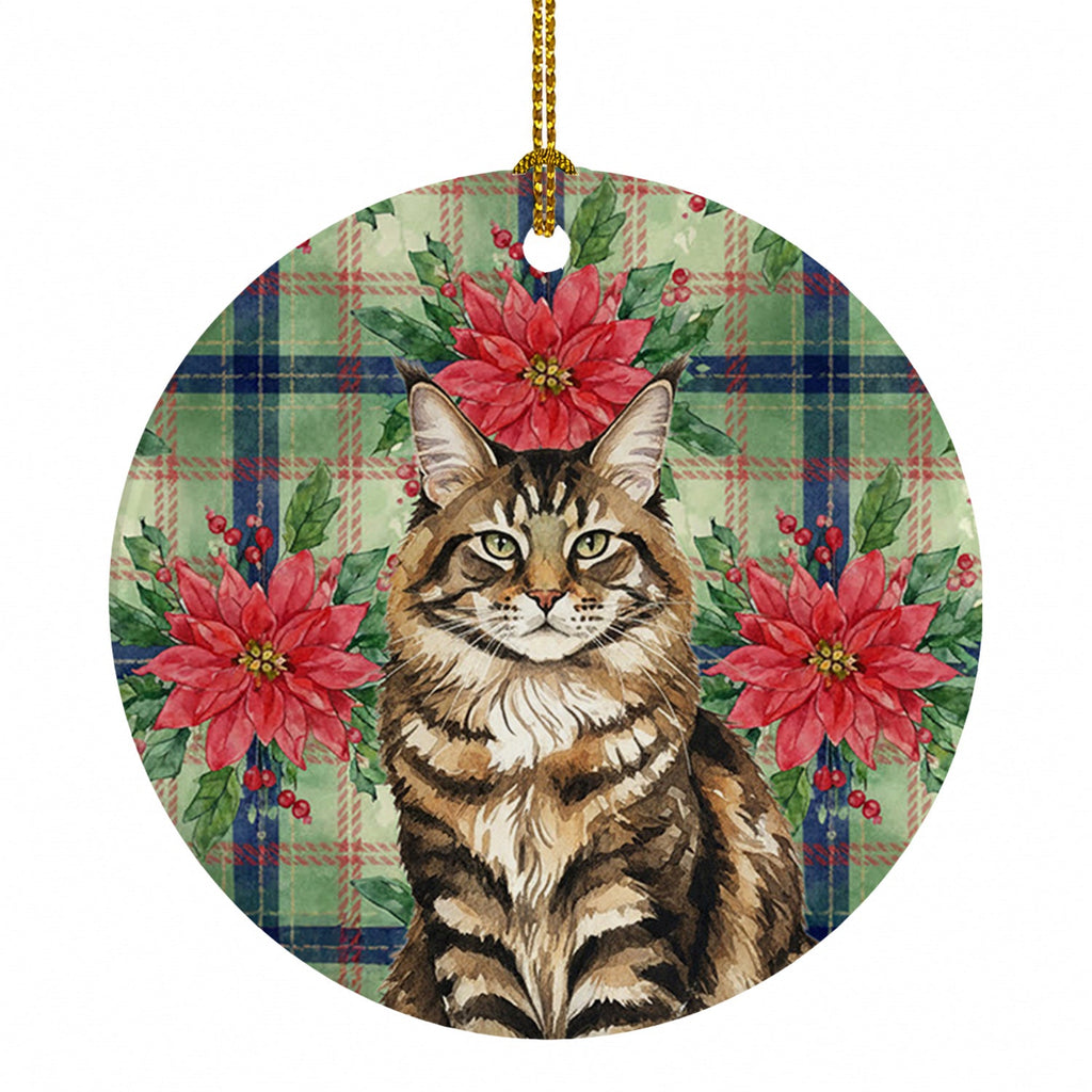 MaineCoon Brown Tabby Cat with Poinsettias Ceramic Ornament Christmas Tree Hanging Decorations for Home Christmas Holiday, Party, Gift, 3 in, Multicolor