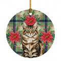 MaineCoon Brown Tabby Cat with Poinsettias Ceramic Ornament Christmas Tree Hanging Decorations for Home Christmas Holiday, Party, Gift, 3 in, Multicolor