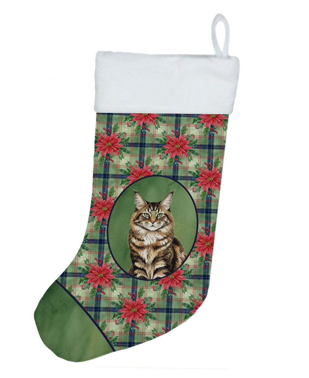 MaineCoon Brown Tabby Cat with Poinsettias Holiday Stocking Double-Sided Print, Polyester Suede,11x18, Made in USA