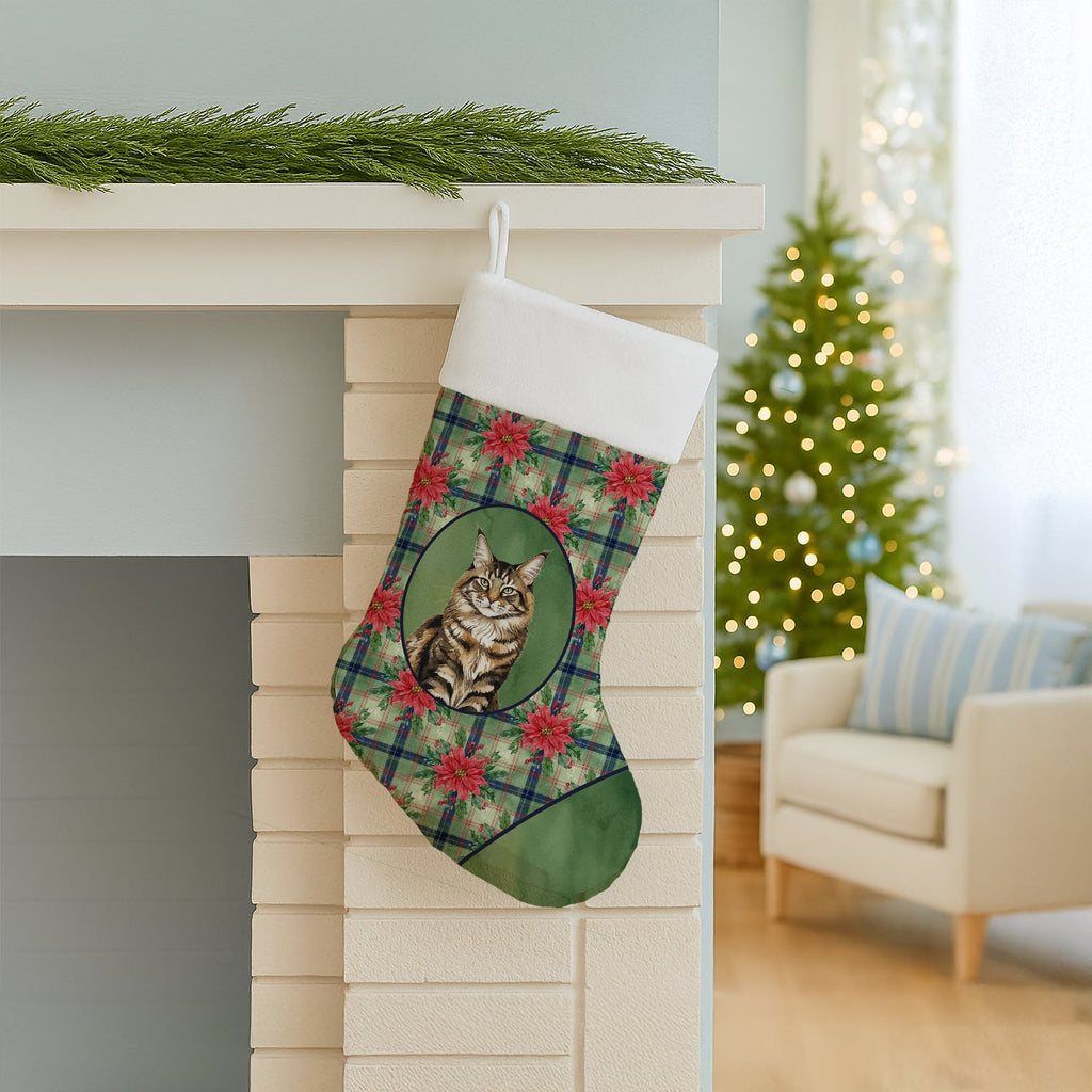 MaineCoon Brown Tabby Cat with Poinsettias Holiday Stocking Double-Sided Print, Polyester Suede,11x18, Made in USA