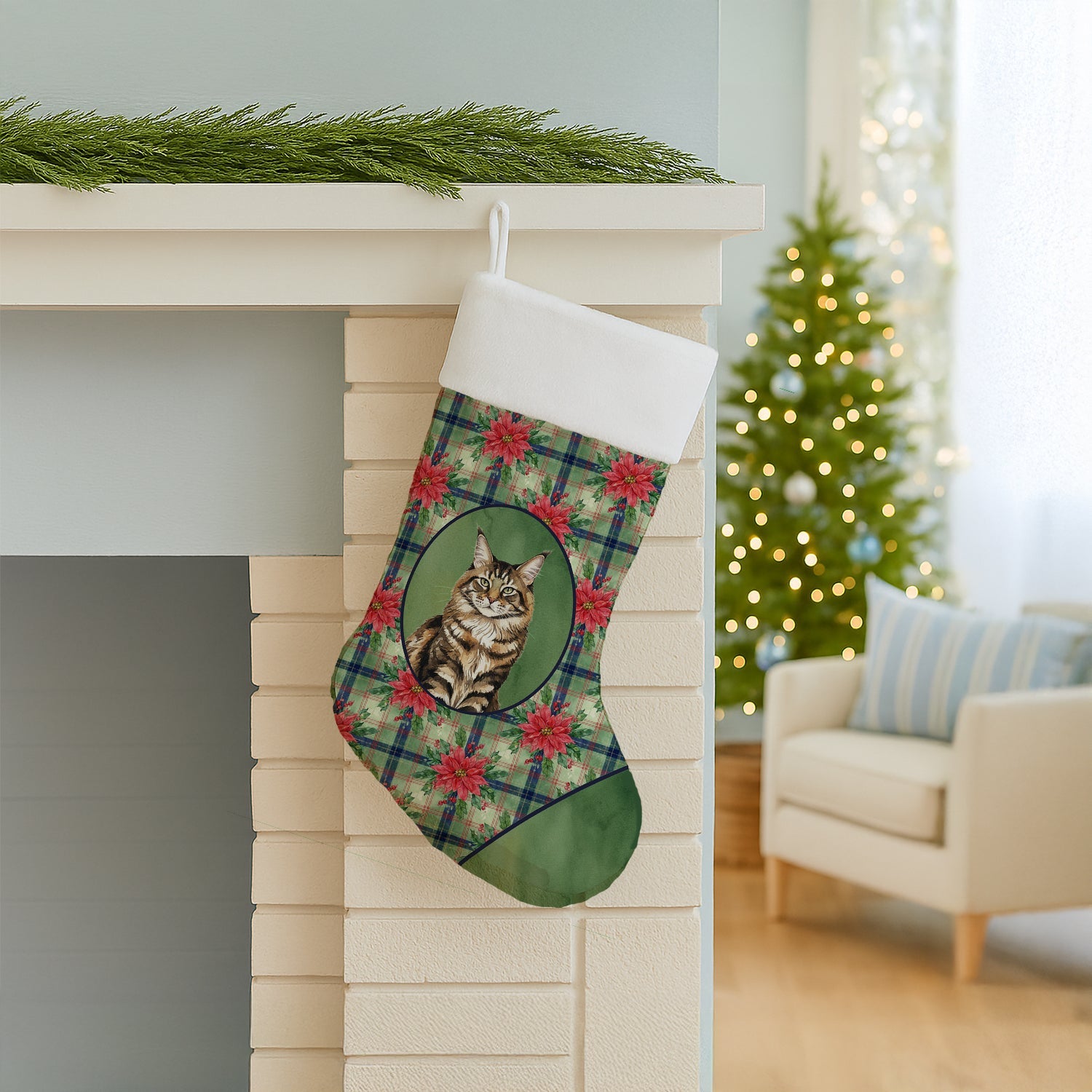 MaineCoon Brown Tabby Cat with Poinsettias Holiday Stocking Double-Sided Print, Polyester Suede,11x18, Made in USA