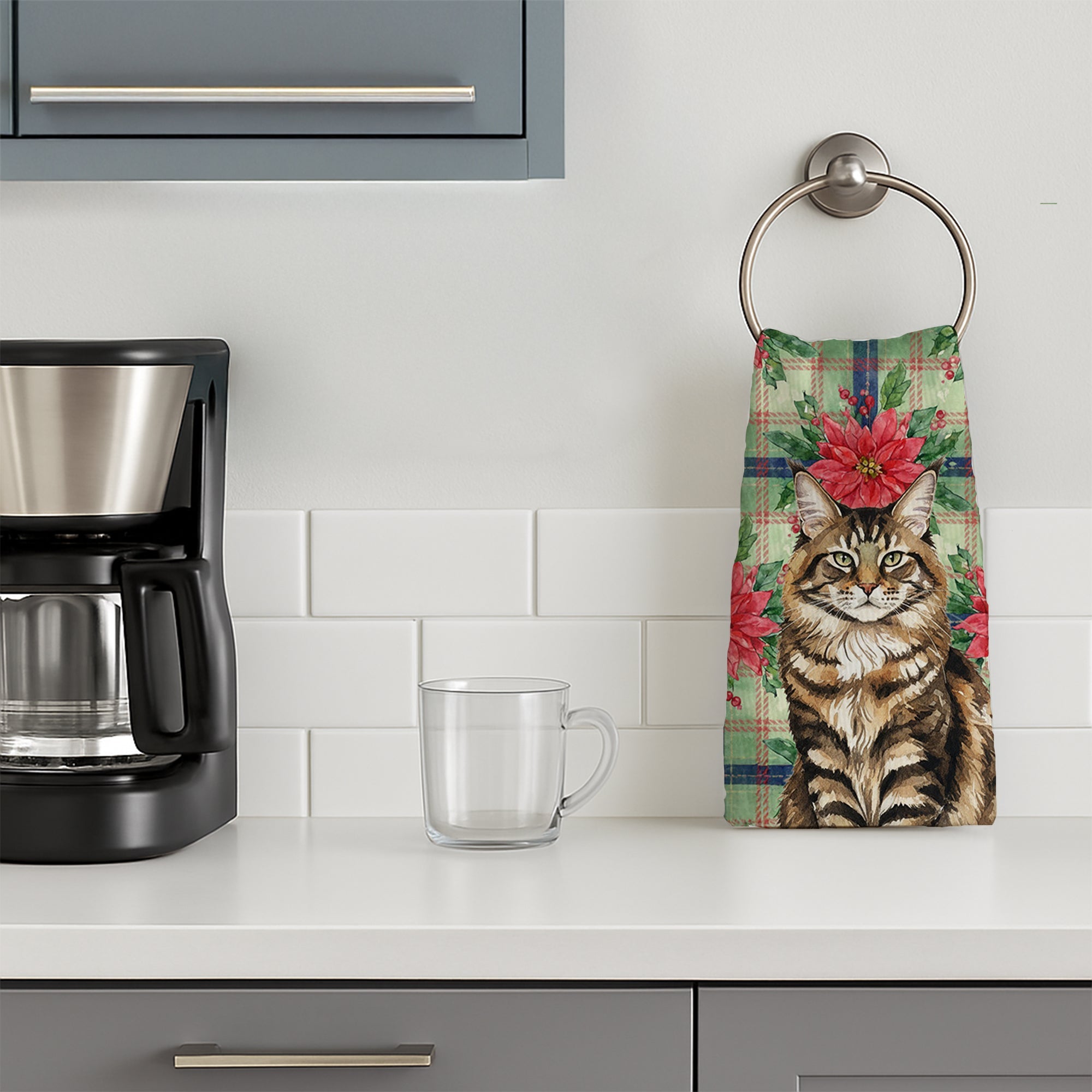 MaineCoon Brown Tabby Cat with Poinsettias Kitchen Towel Velour Plush Front and Cotton Loop Back Machine Washable