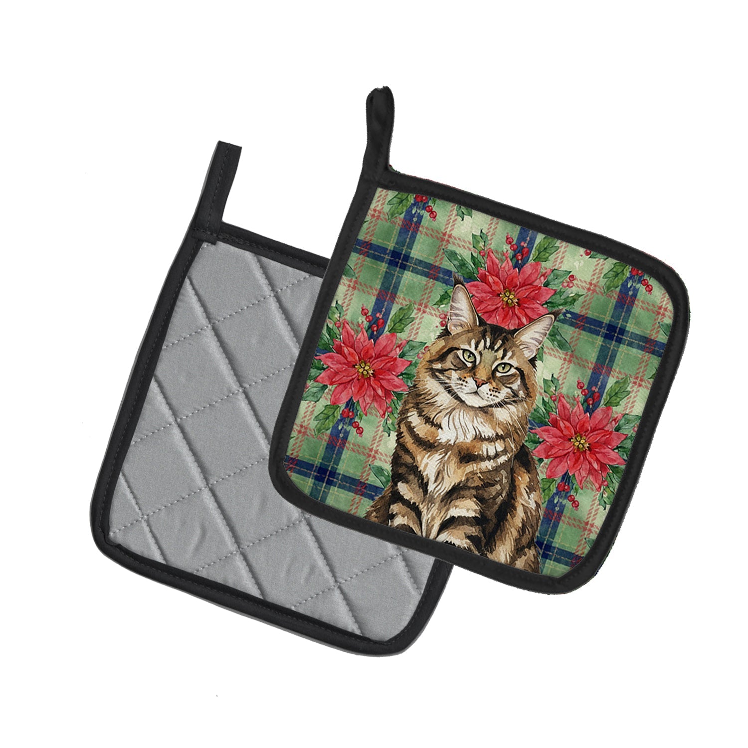 MaineCoon Brown Tabby Cat with Poinsettias Pot Holder Set of 2 Heat Resistant Quilted Hot Pads 7.5 x 7.5 Inch, Insulated Kitchen Trivets for Cooking & Baking