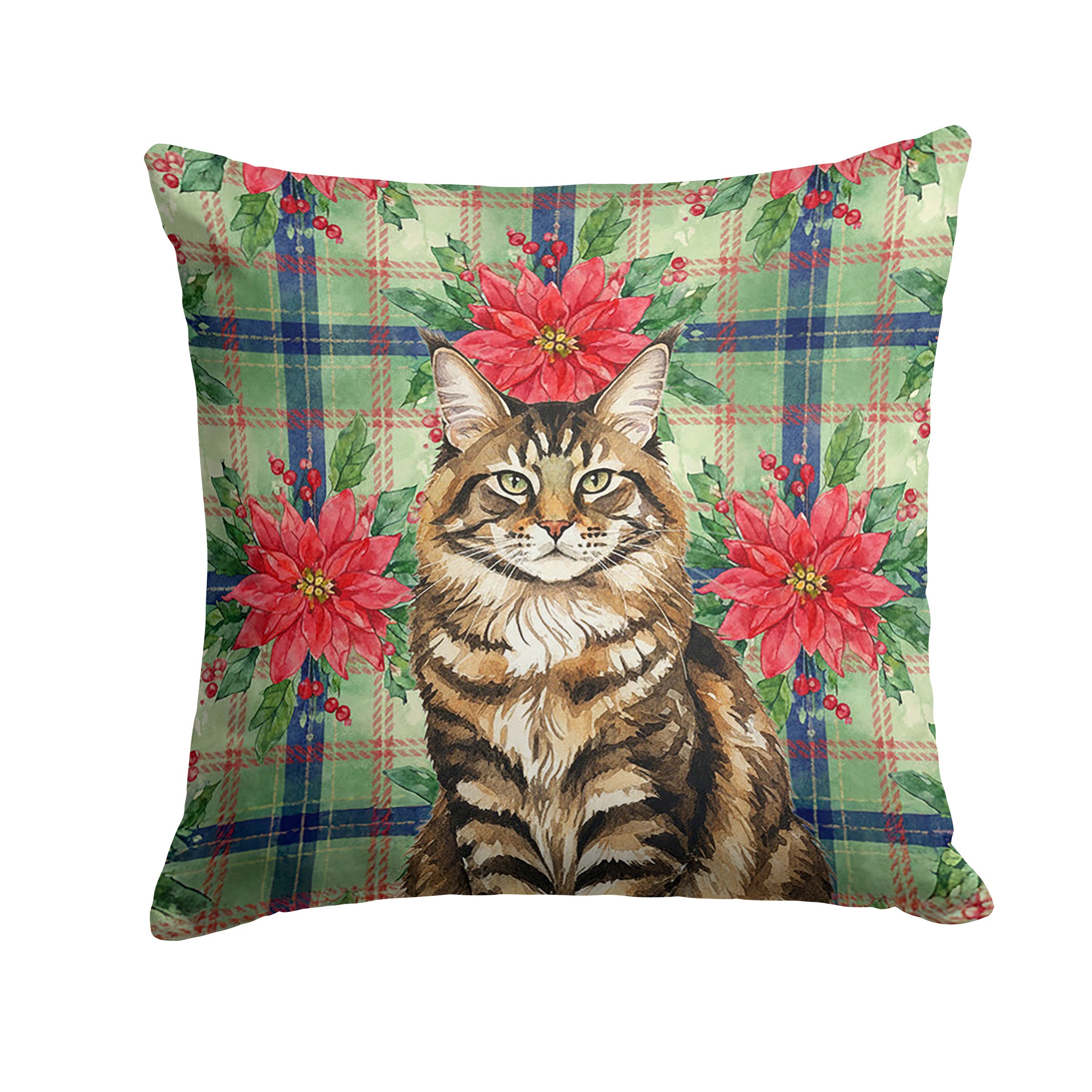 MaineCoon Brown Tabby Cat with Poinsettias Decorative Throw Pillow 14x14 Indoor Outdoor Accent Cushion, Fabric Cover with Insert for Sofa, Bed, Porch & Living Room