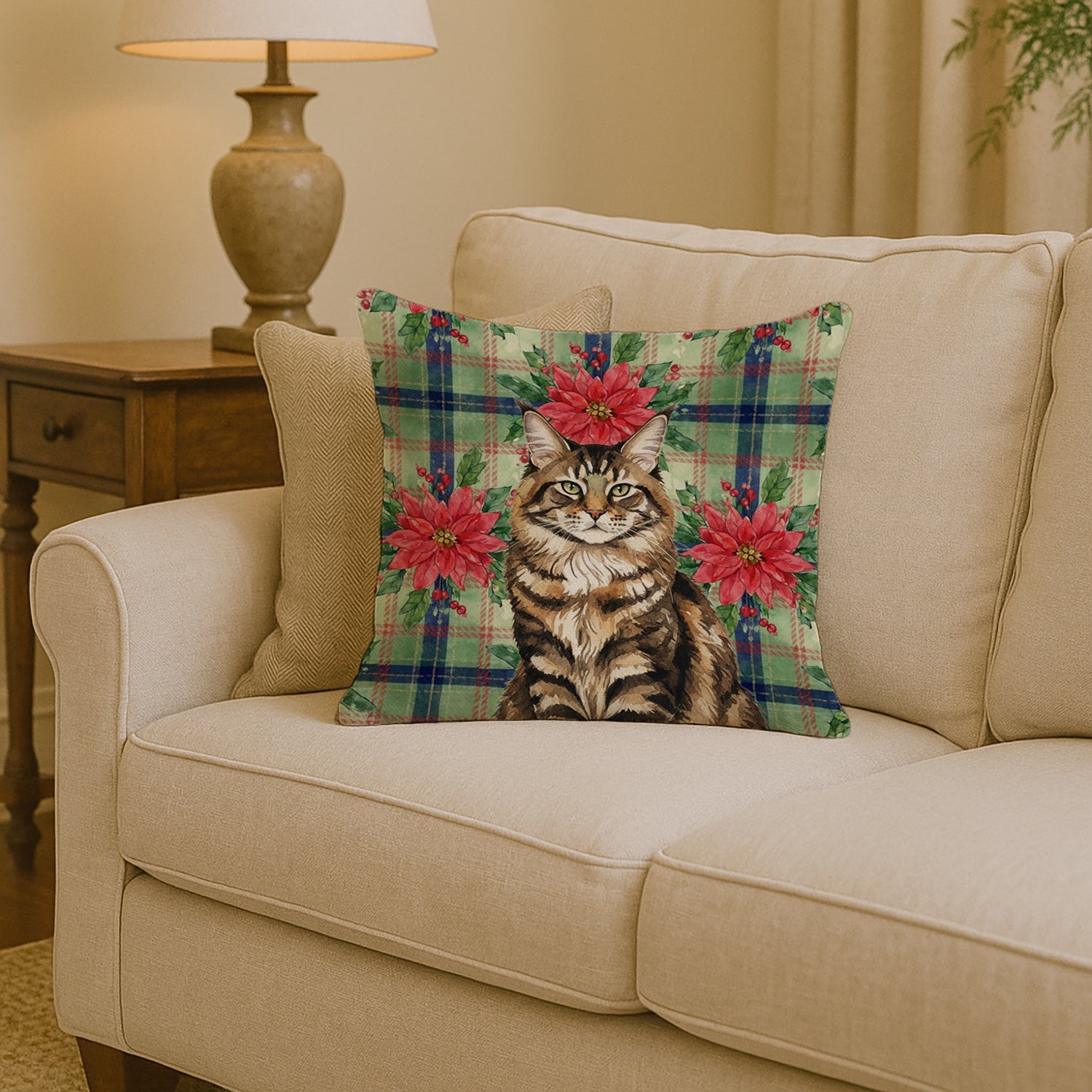 MaineCoon Brown Tabby Cat with Poinsettias Decorative Throw Pillow 14x14 Indoor Outdoor Accent Cushion, Fabric Cover with Insert for Sofa, Bed, Porch & Living Room