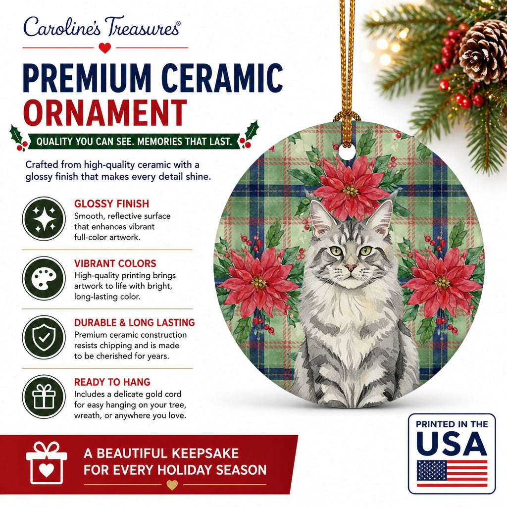 MaineCoon Silver Tabby Cat with Poinsettias Ceramic Ornament Christmas Tree Hanging Decorations for Home Christmas Holiday, Party, Gift, 3 in, Multicolor