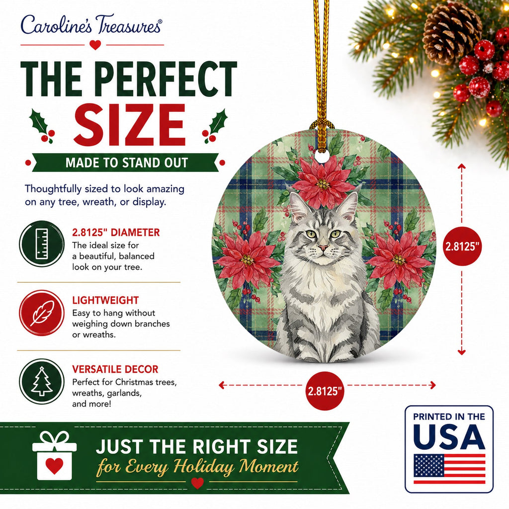 MaineCoon Silver Tabby Cat with Poinsettias Ceramic Ornament Christmas Tree Hanging Decorations for Home Christmas Holiday, Party, Gift, 3 in, Multicolor
