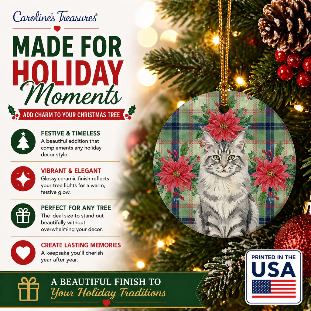MaineCoon Silver Tabby Cat with Poinsettias Ceramic Ornament Christmas Tree Hanging Decorations for Home Christmas Holiday, Party, Gift, 3 in, Multicolor