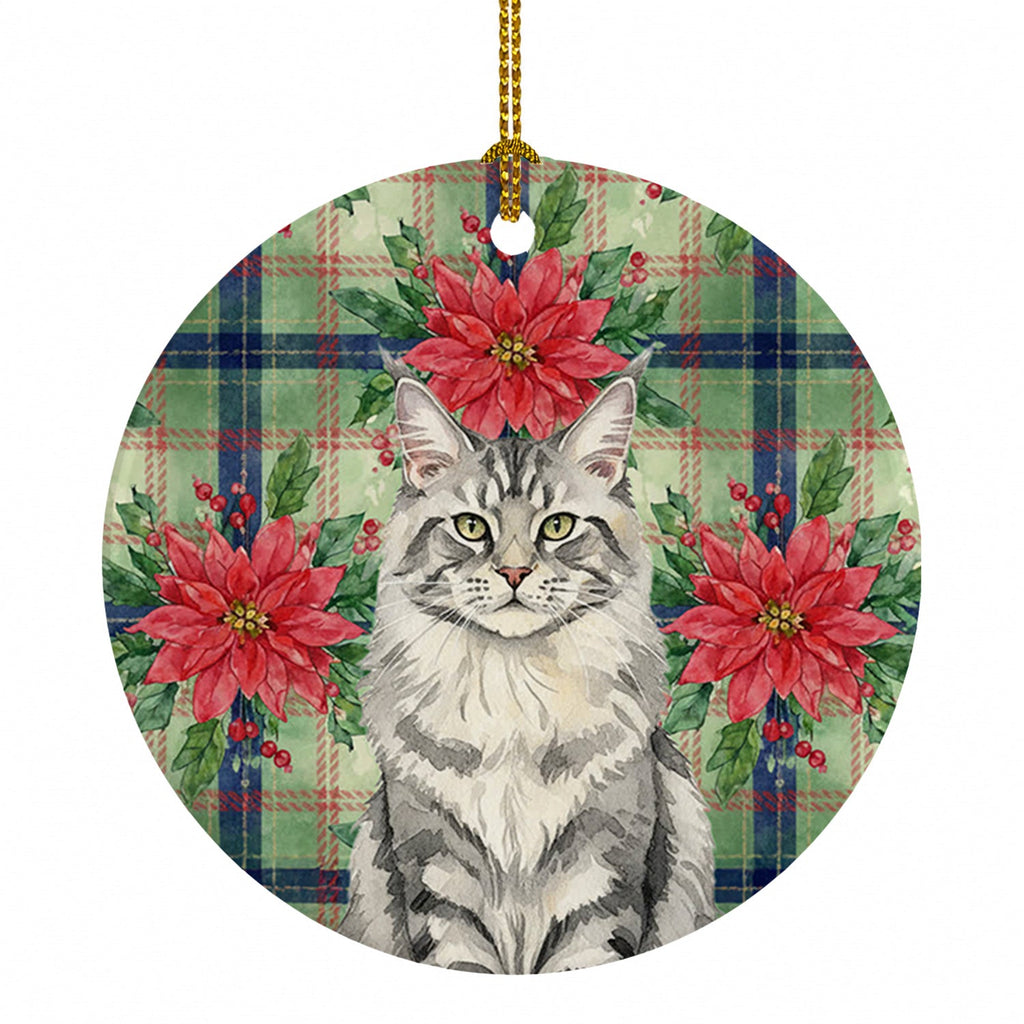 MaineCoon Silver Tabby Cat with Poinsettias Ceramic Ornament Christmas Tree Hanging Decorations for Home Christmas Holiday, Party, Gift, 3 in, Multicolor
