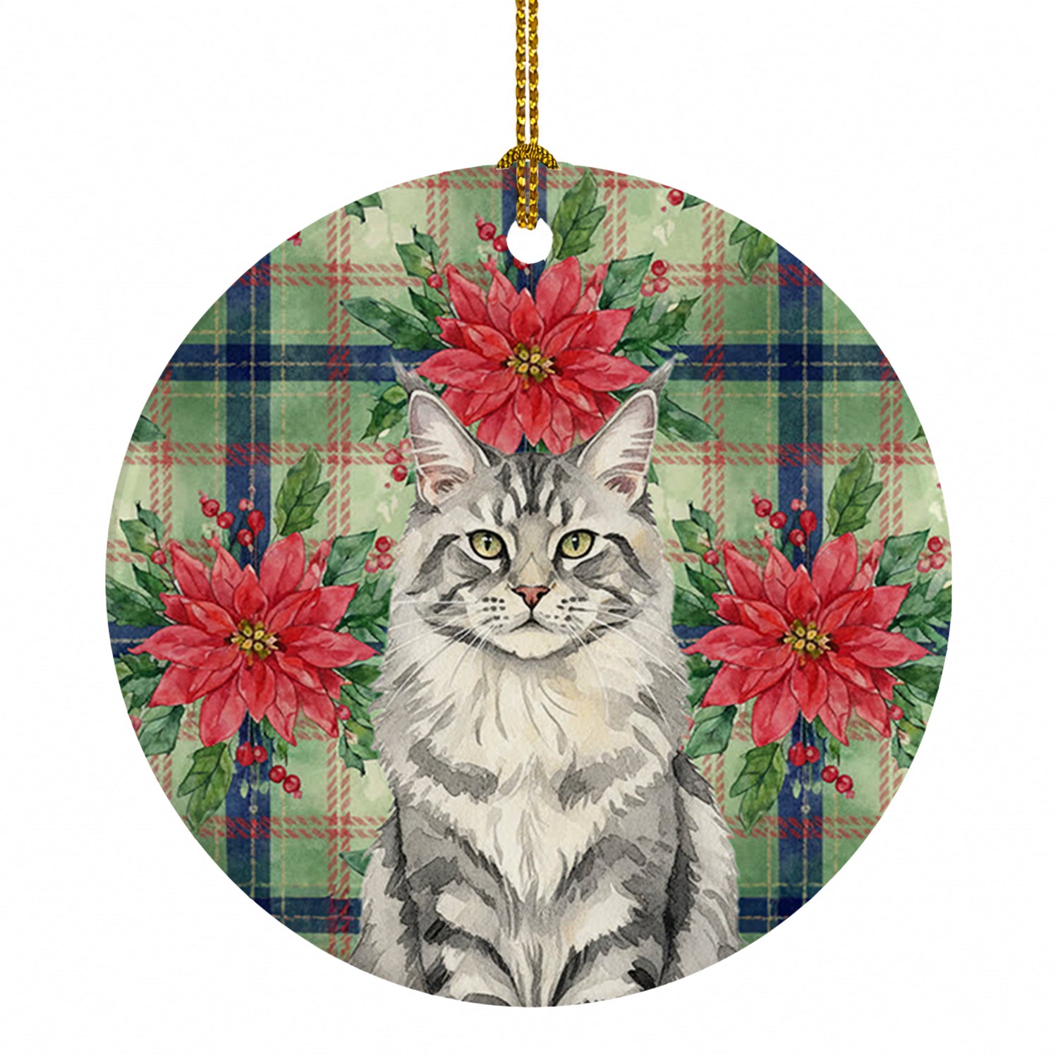MaineCoon Silver Tabby Cat with Poinsettias Ceramic Ornament Christmas Tree Hanging Decorations for Home Christmas Holiday, Party, Gift, 3 in, Multicolor