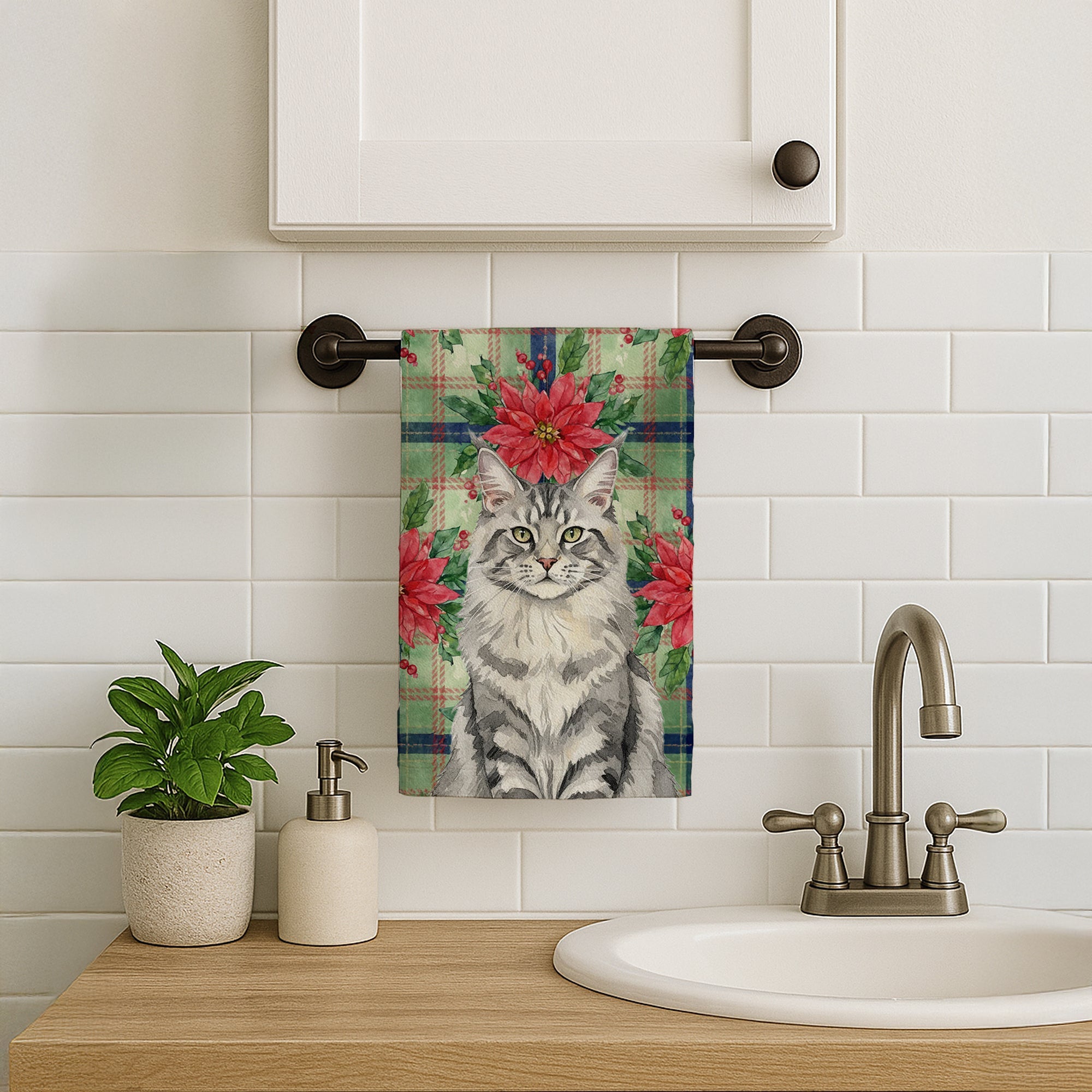 MaineCoon Silver Tabby Cat with Poinsettias Kitchen Towel Velour Plush Front and Cotton Loop Back Machine Washable