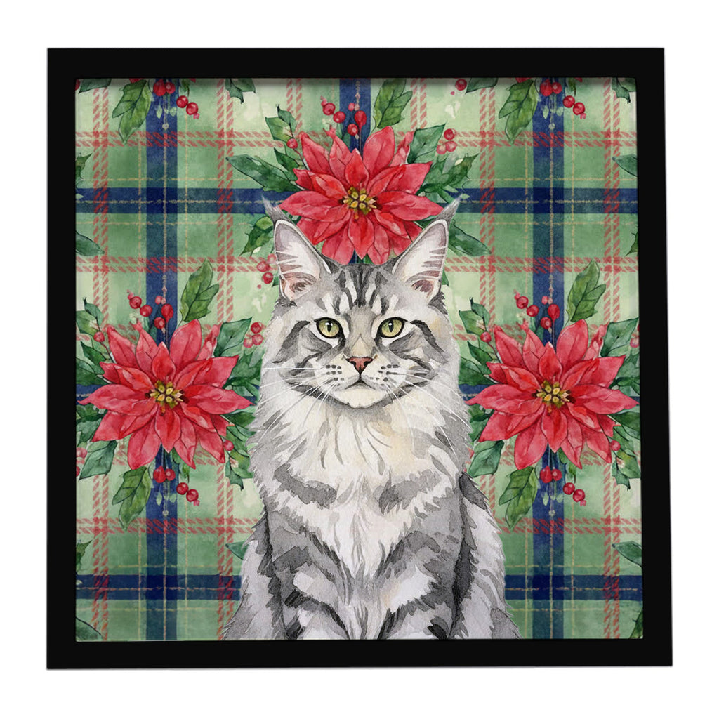 MaineCoon Silver Tabby Cat with Poinsettias Framed Metal Print Bathroom, Kitchen, Office, Home Decor Wall Art Ready to Hang, Square, 8X8
