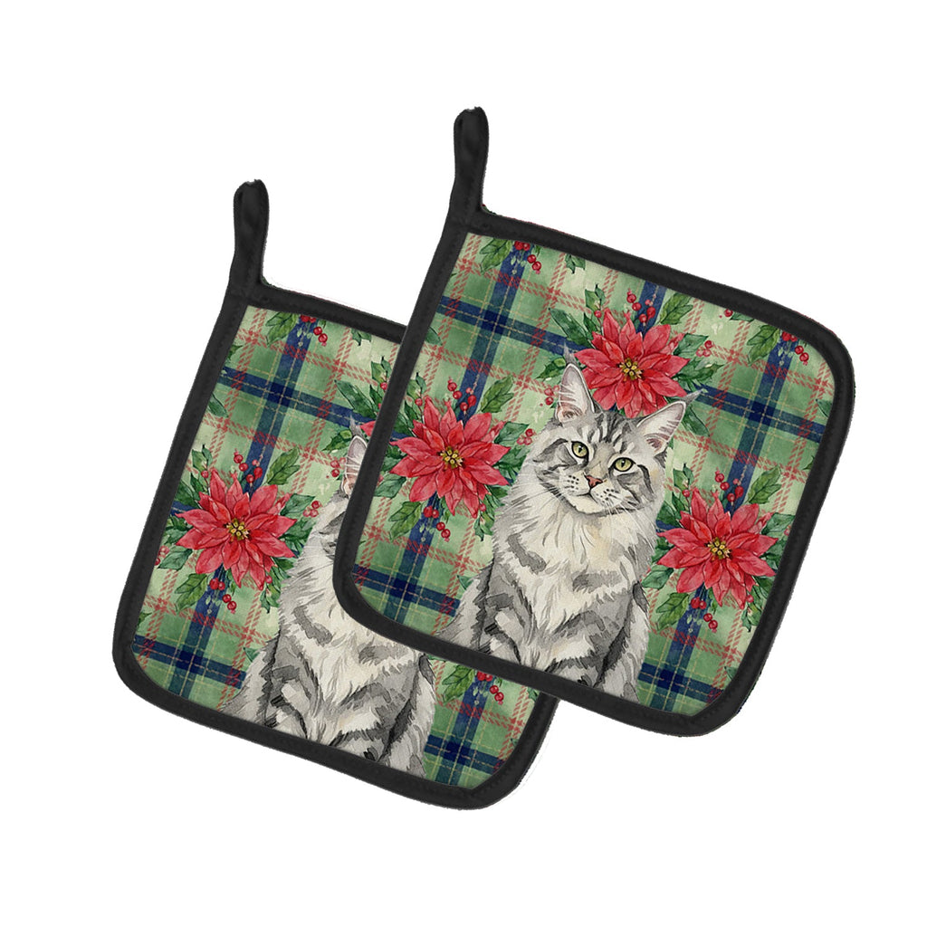 MaineCoon Silver Tabby Cat with Poinsettias Pot Holder Set of 2 Heat Resistant Quilted Hot Pads 7.5 x 7.5 Inch, Insulated Kitchen Trivets for Cooking & Baking