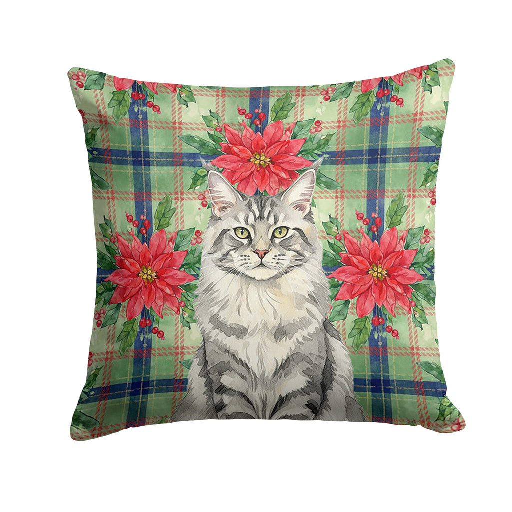 MaineCoon Silver Tabby Cat with Poinsettias Decorative Throw Pillow 18x18 Indoor Outdoor Accent Cushion, Fabric Cover with Insert for Sofa, Bed, Porch & Living Room