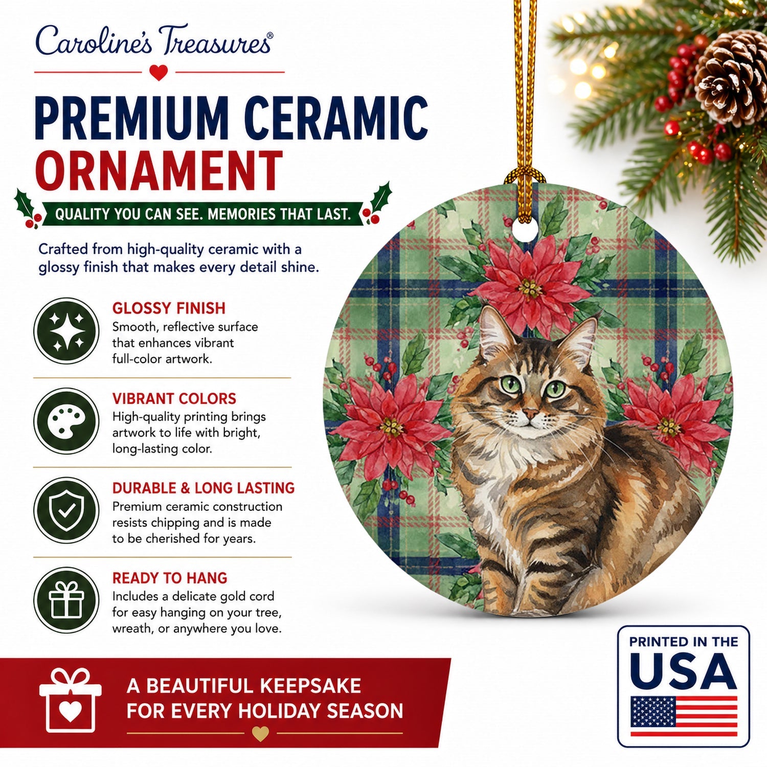 Norwegian Forest Cat Brown Tabby Cat with Poinsettias Ceramic Ornament Christmas Tree Hanging Decorations for Home Christmas Holiday, Party, Gift, 3 in, Multicolor