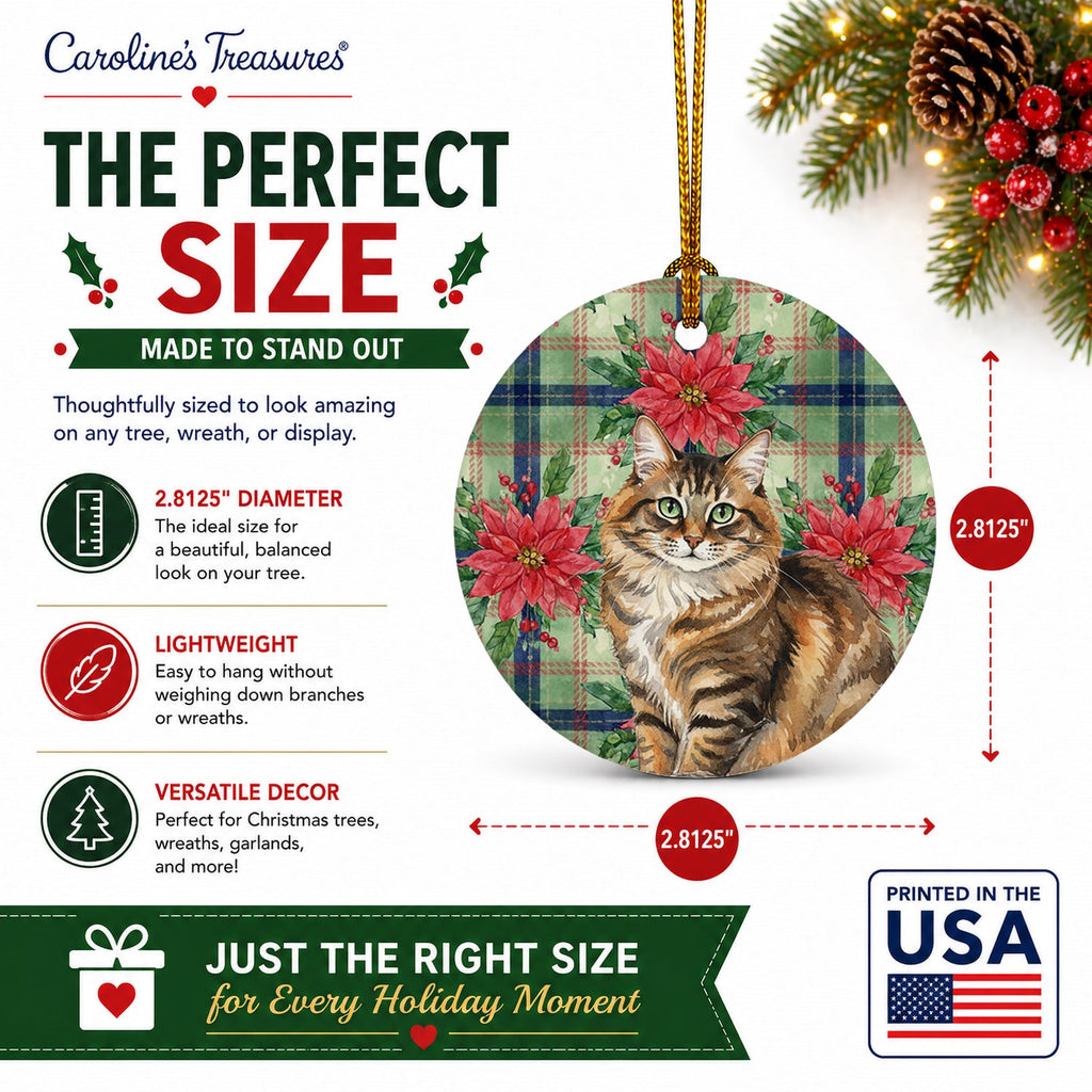 Norwegian Forest Cat Brown Tabby Cat with Poinsettias Ceramic Ornament Christmas Tree Hanging Decorations for Home Christmas Holiday, Party, Gift, 3 in, Multicolor