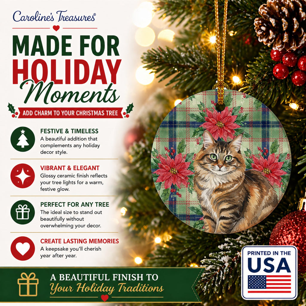 Norwegian Forest Cat Brown Tabby Cat with Poinsettias Ceramic Ornament Christmas Tree Hanging Decorations for Home Christmas Holiday, Party, Gift, 3 in, Multicolor
