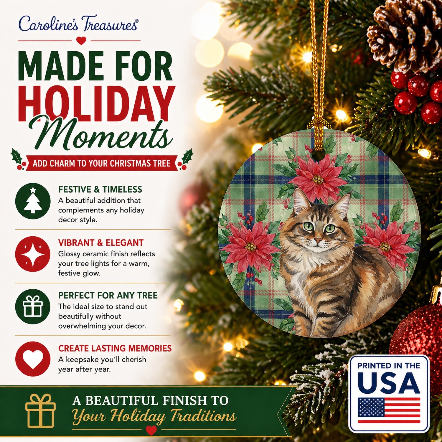 Norwegian Forest Cat Brown Tabby Cat with Poinsettias Ceramic Ornament Christmas Tree Hanging Decorations for Home Christmas Holiday, Party, Gift, 3 in, Multicolor