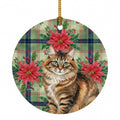 Norwegian Forest Cat Brown Tabby Cat with Poinsettias Ceramic Ornament Christmas Tree Hanging Decorations for Home Christmas Holiday, Party, Gift, 3 in, Multicolor
