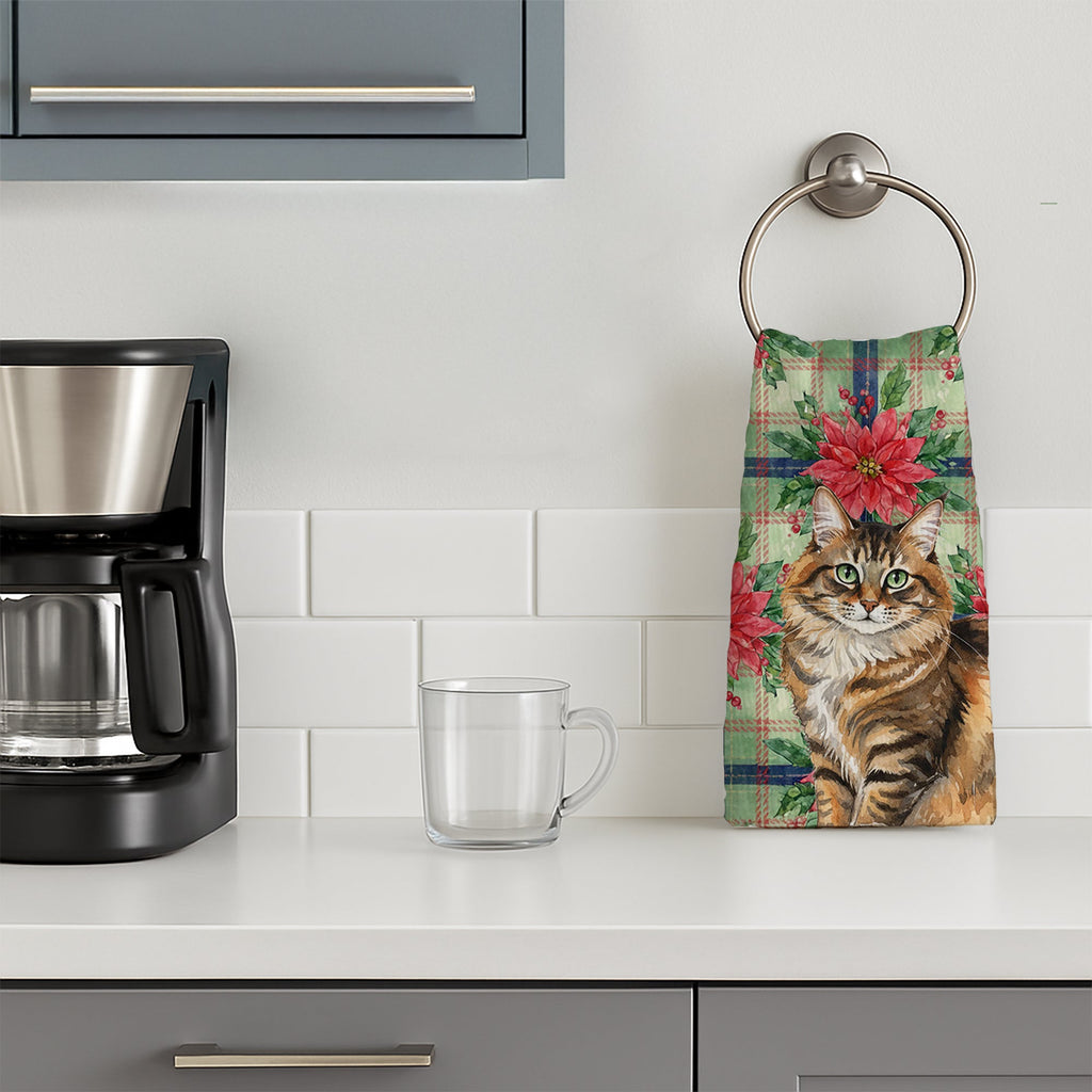 Norwegian Forest Cat Brown Tabby Cat with Poinsettias Kitchen Towel Velour Plush Front and Cotton Loop Back Machine Washable