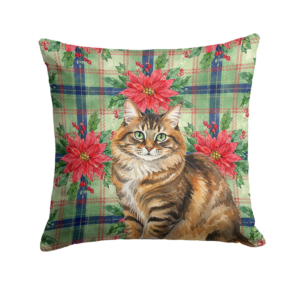 Norwegian Forest Cat Brown Tabby Cat with Poinsettias Decorative Throw Pillow 14x14 Indoor Outdoor Accent Cushion, Fabric Cover with Insert for Sofa, Bed, Porch & Living Room