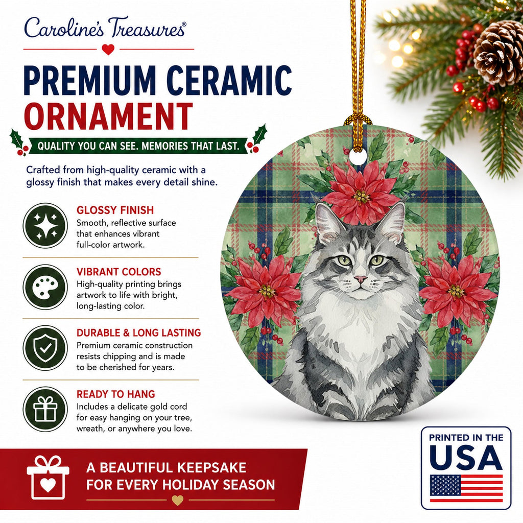 Norwegian Forest Cat Gray and White Cat with Poinsettias Ceramic Ornament Christmas Tree Hanging Decorations for Home Christmas Holiday, Party, Gift, 3 in, Multicolor