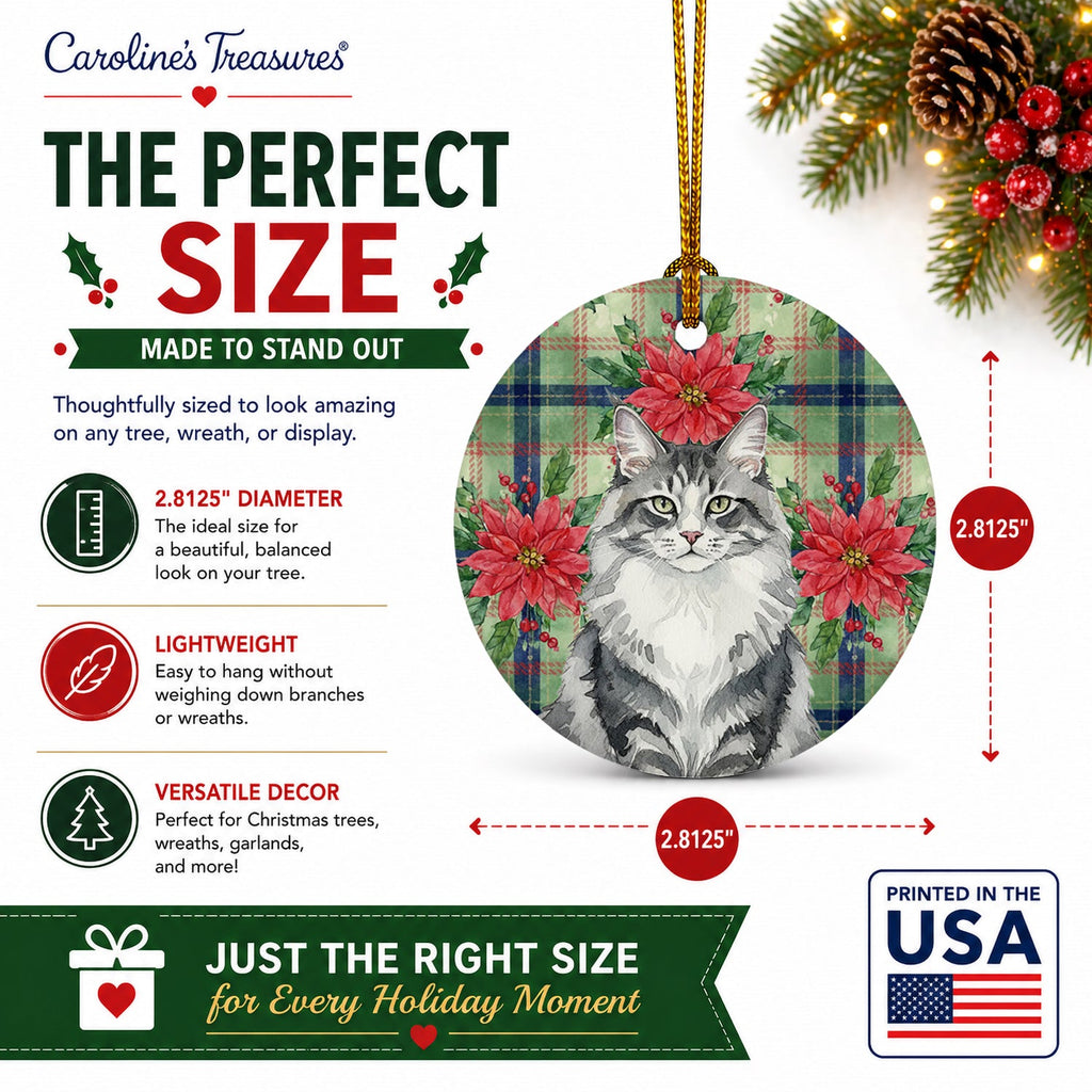 Norwegian Forest Cat Gray and White Cat with Poinsettias Ceramic Ornament Christmas Tree Hanging Decorations for Home Christmas Holiday, Party, Gift, 3 in, Multicolor