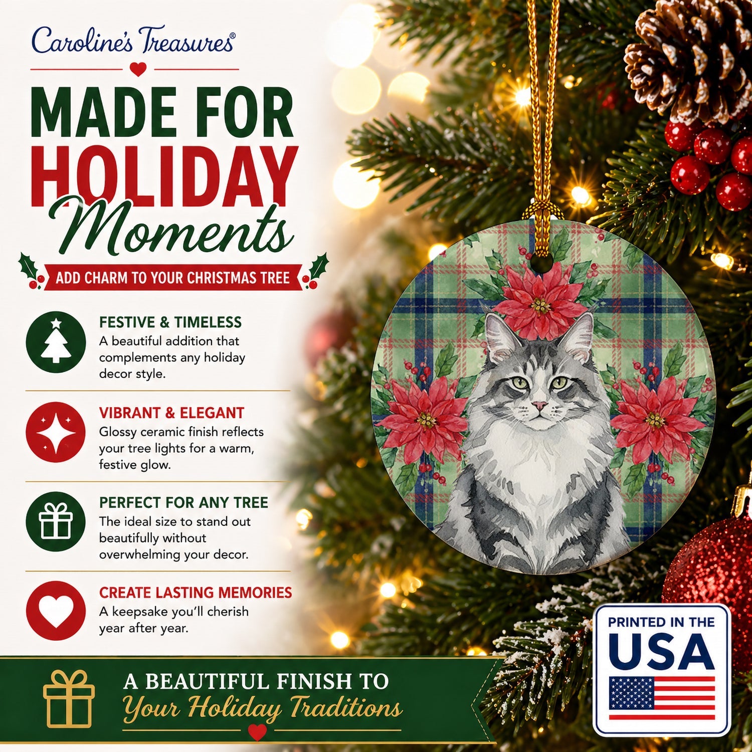 Norwegian Forest Cat Gray and White Cat with Poinsettias Ceramic Ornament Christmas Tree Hanging Decorations for Home Christmas Holiday, Party, Gift, 3 in, Multicolor