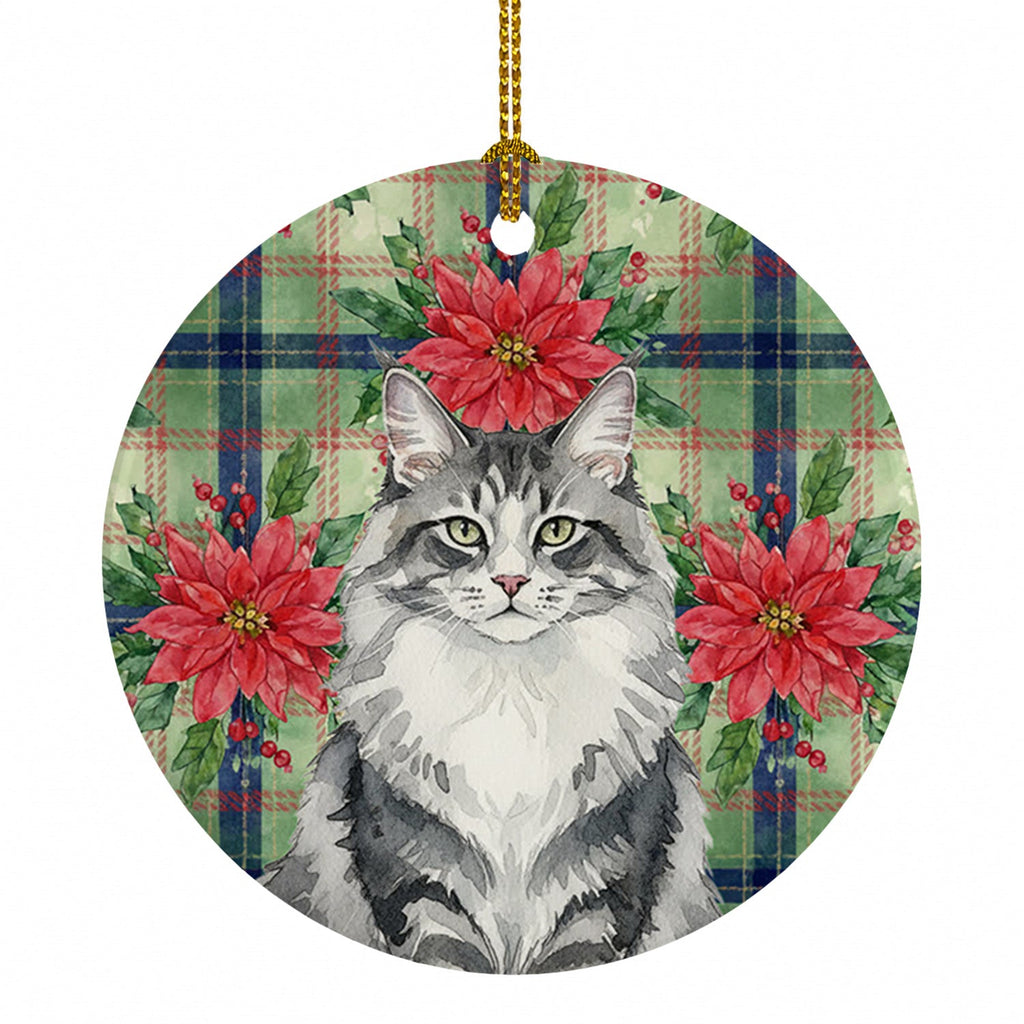 Norwegian Forest Cat Gray and White Cat with Poinsettias Ceramic Ornament Christmas Tree Hanging Decorations for Home Christmas Holiday, Party, Gift, 3 in, Multicolor