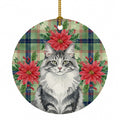 Norwegian Forest Cat Gray and White Cat with Poinsettias Ceramic Ornament Christmas Tree Hanging Decorations for Home Christmas Holiday, Party, Gift, 3 in, Multicolor