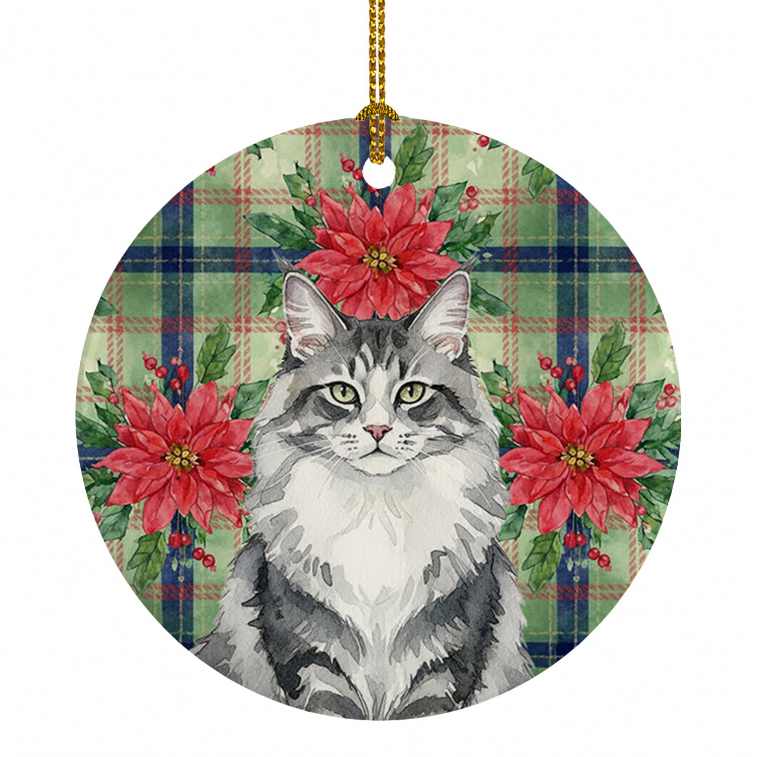 Norwegian Forest Cat Gray and White Cat with Poinsettias Ceramic Ornament Christmas Tree Hanging Decorations for Home Christmas Holiday, Party, Gift, 3 in, Multicolor