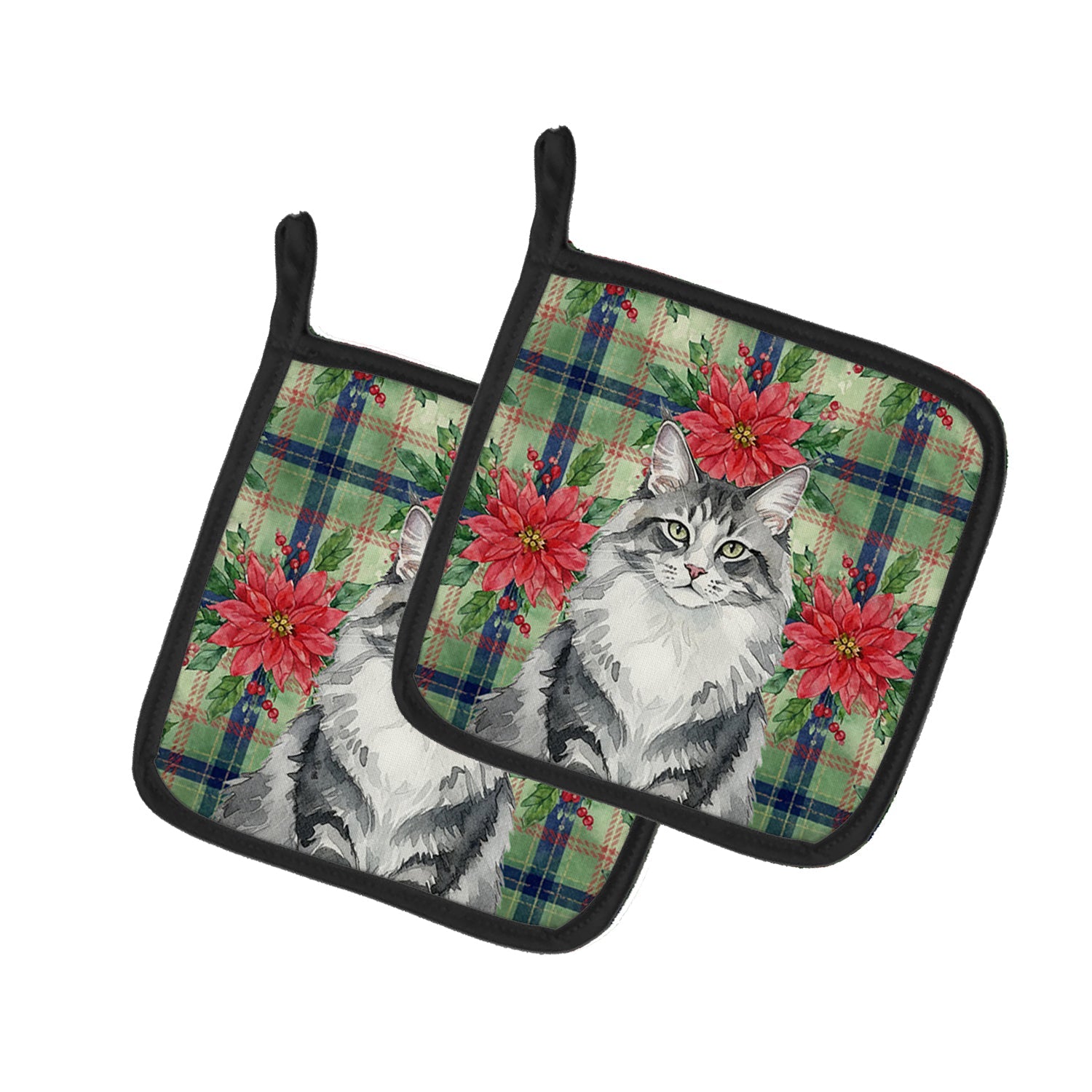 Norwegian Forest Cat Gray and White Cat with Poinsettias Pot Holder Set of 2 Heat Resistant Quilted Hot Pads 7.5 x 7.5 Inch, Insulated Kitchen Trivets for Cooking & Baking