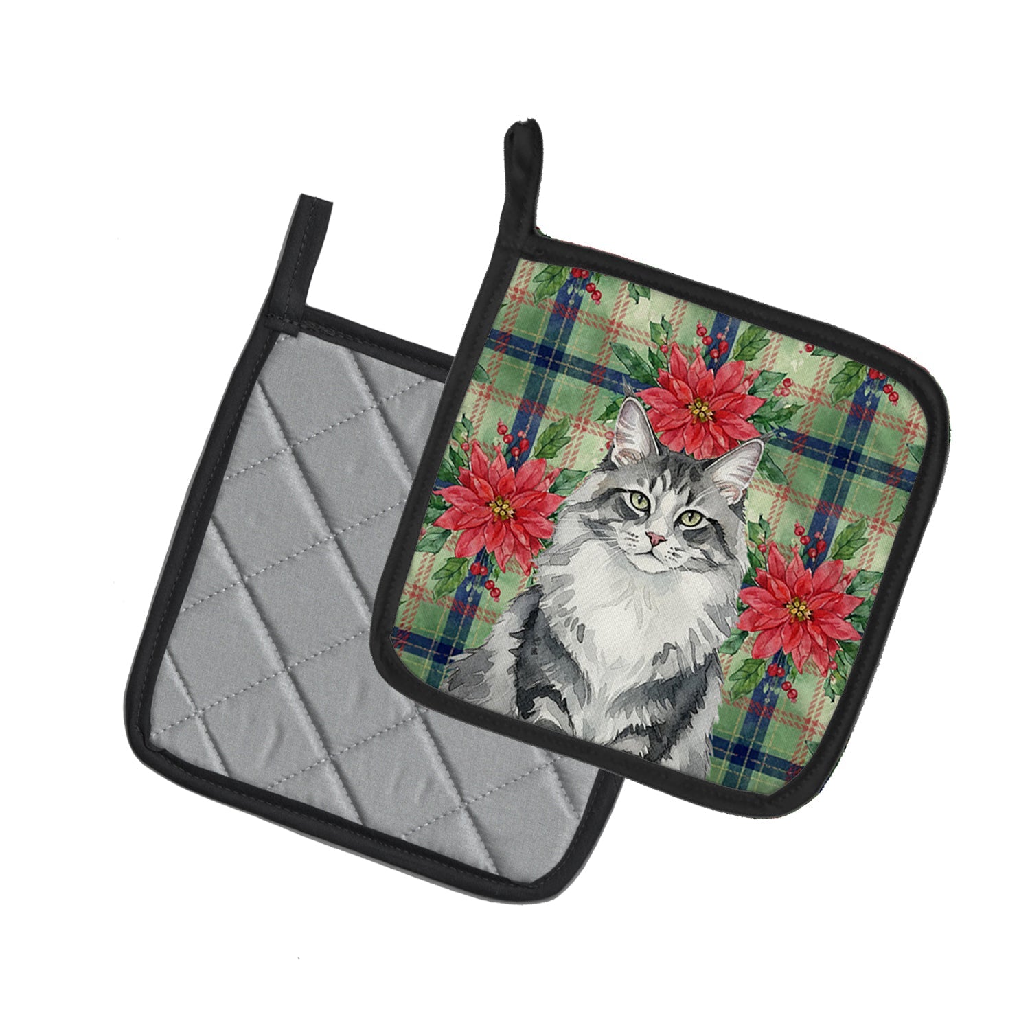 Norwegian Forest Cat Gray and White Cat with Poinsettias Pot Holder Set of 2 Heat Resistant Quilted Hot Pads 7.5 x 7.5 Inch, Insulated Kitchen Trivets for Cooking & Baking