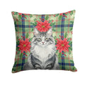 Norwegian Forest Cat Gray and White Cat with Poinsettias Decorative Throw Pillow 14x14 Indoor Outdoor Accent Cushion, Fabric Cover with Insert for Sofa, Bed, Porch & Living Room
