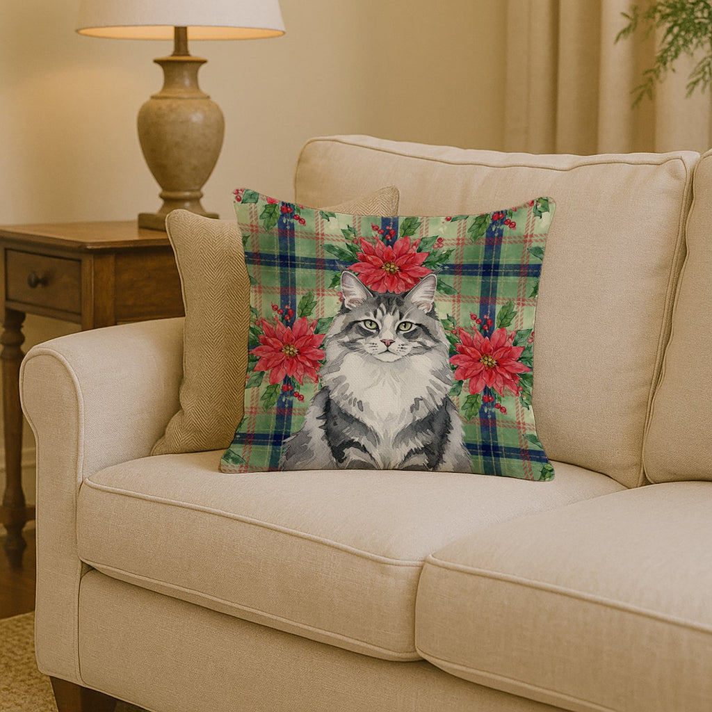 Norwegian Forest Cat Gray and White Cat with Poinsettias Decorative Throw Pillow 14x14 Indoor Outdoor Accent Cushion, Fabric Cover with Insert for Sofa, Bed, Porch & Living Room