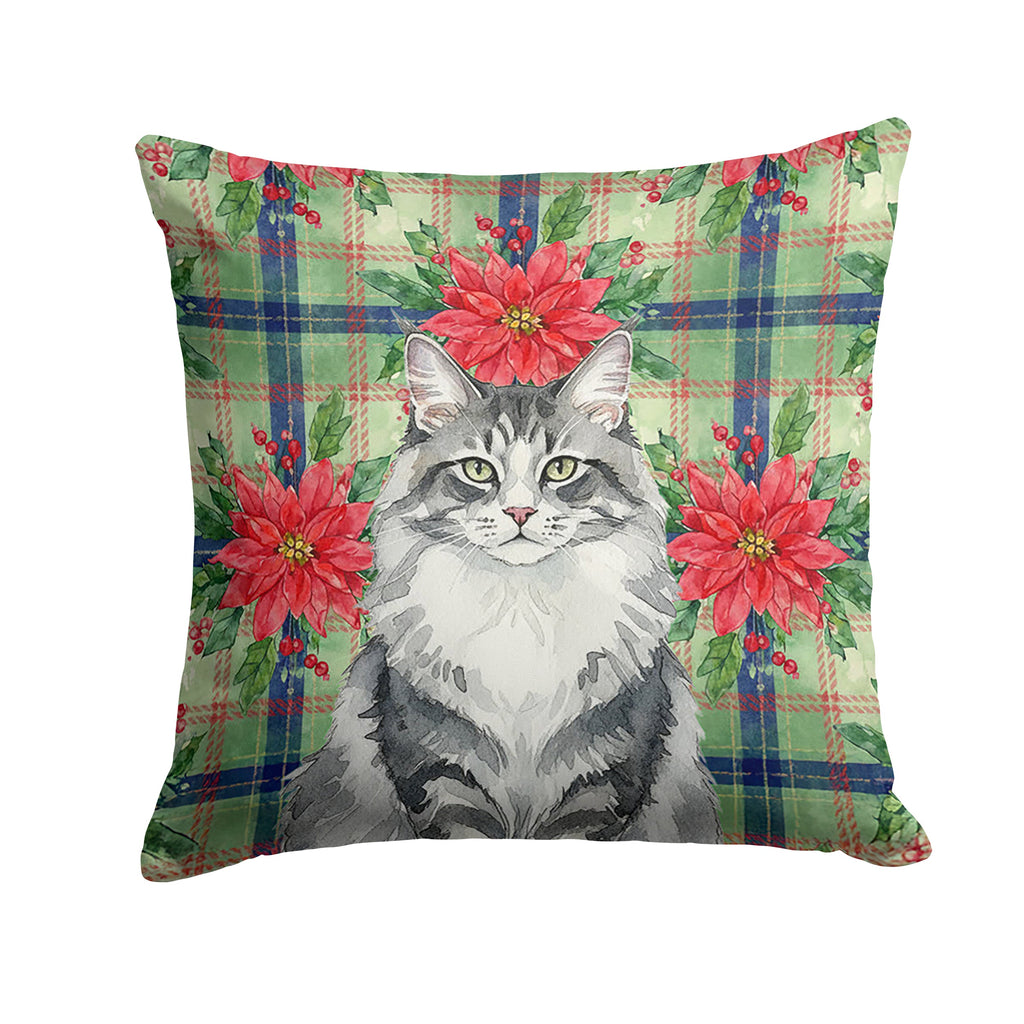 Norwegian Forest Cat Gray and White Cat with Poinsettias Decorative Throw Pillow 18x18 Indoor Outdoor Accent Cushion, Fabric Cover with Insert for Sofa, Bed, Porch & Living Room