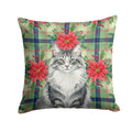 Norwegian Forest Cat Gray and White Cat with Poinsettias Decorative Throw Pillow 18x18 Indoor Outdoor Accent Cushion, Fabric Cover with Insert for Sofa, Bed, Porch & Living Room