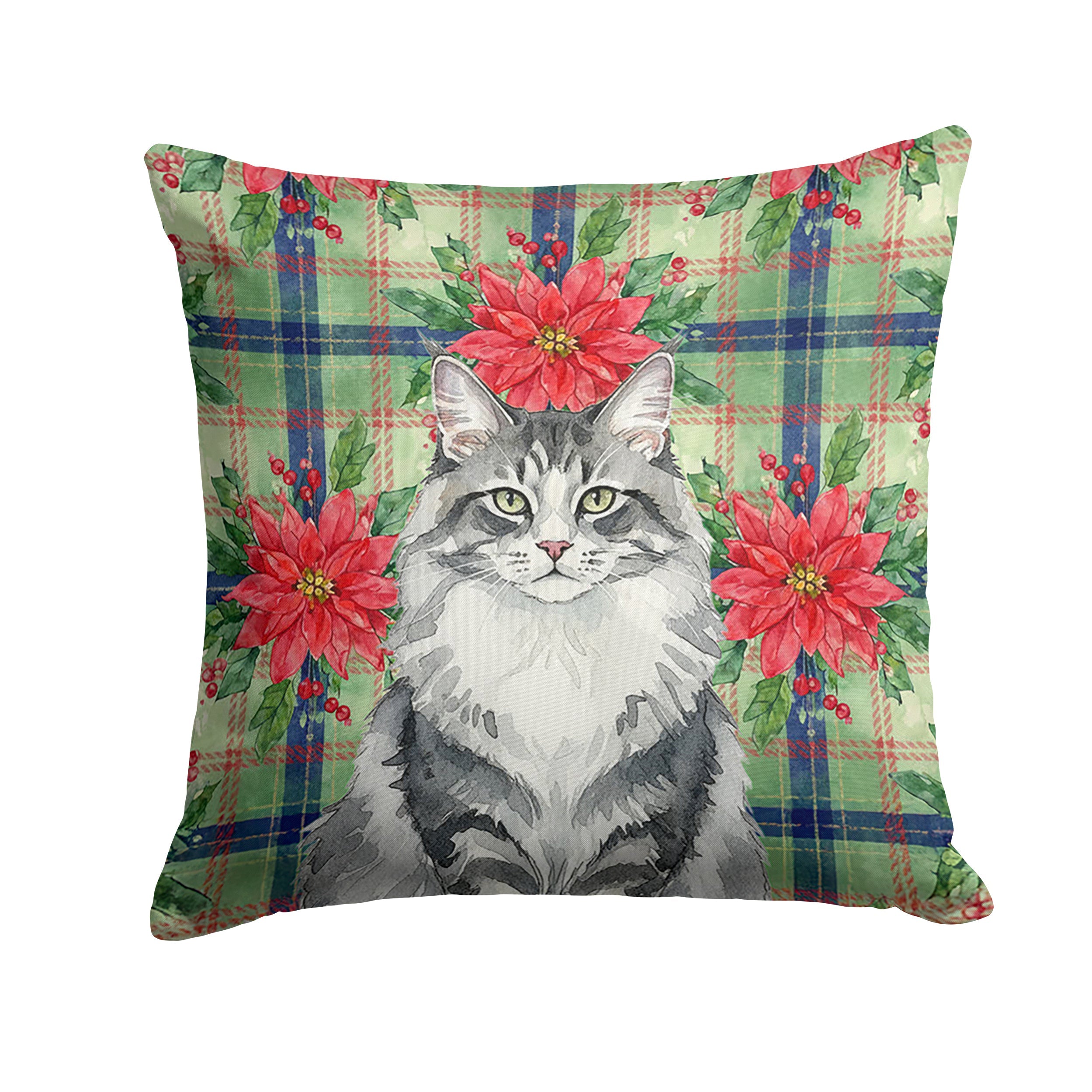 Norwegian Forest Cat Gray and White Cat with Poinsettias Decorative Throw Pillow 18x18 Indoor Outdoor Accent Cushion, Fabric Cover with Insert for Sofa, Bed, Porch & Living Room