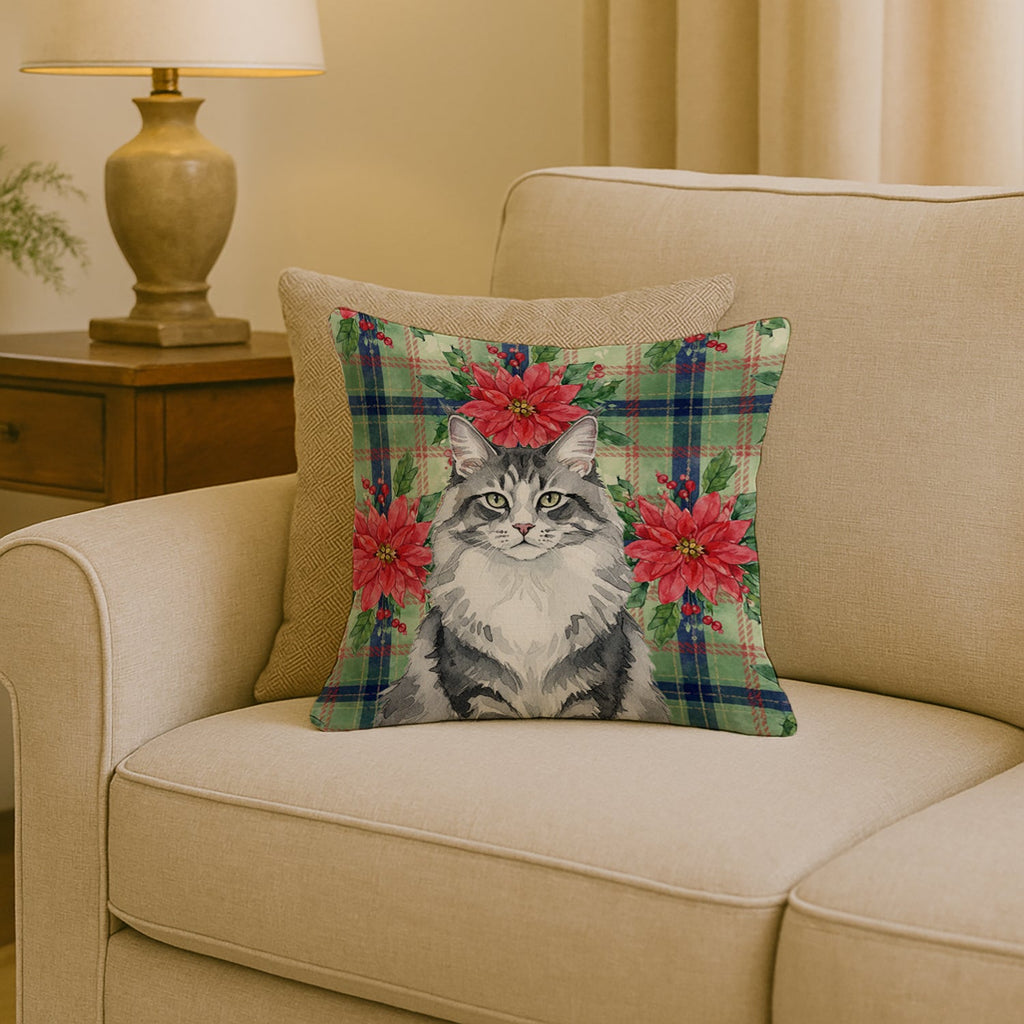 Norwegian Forest Cat Gray and White Cat with Poinsettias Decorative Throw Pillow 18x18 Indoor Outdoor Accent Cushion, Fabric Cover with Insert for Sofa, Bed, Porch & Living Room