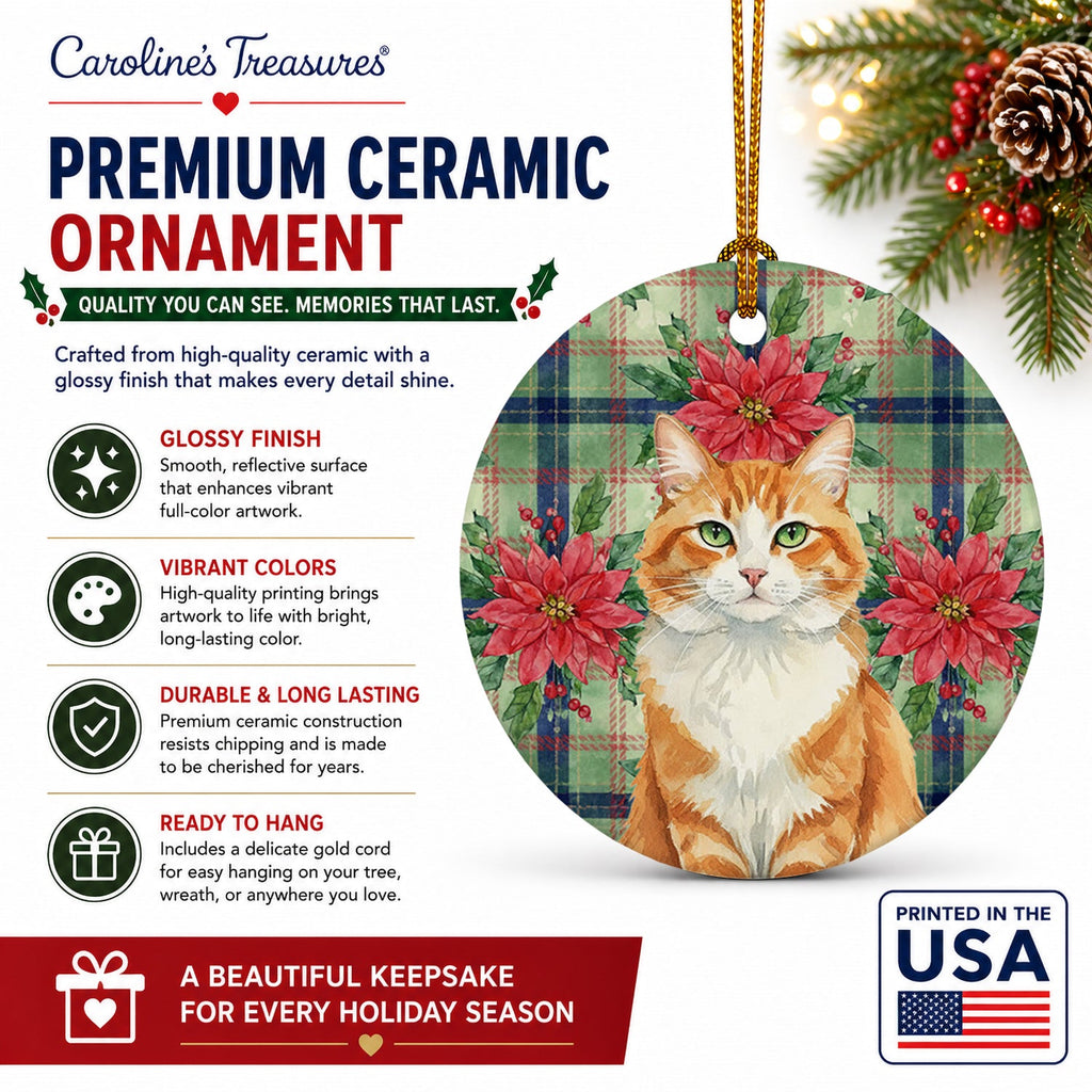 Orange and White Cat with Poinsettias Ceramic Ornament Christmas Tree Hanging Decorations for Home Christmas Holiday, Party, Gift, 3 in, Multicolor