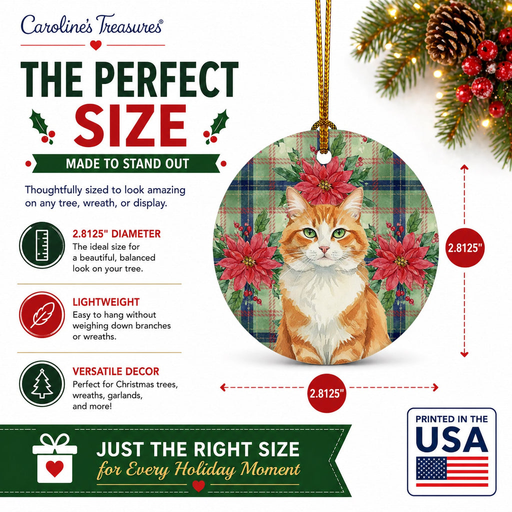Orange and White Cat with Poinsettias Ceramic Ornament Christmas Tree Hanging Decorations for Home Christmas Holiday, Party, Gift, 3 in, Multicolor