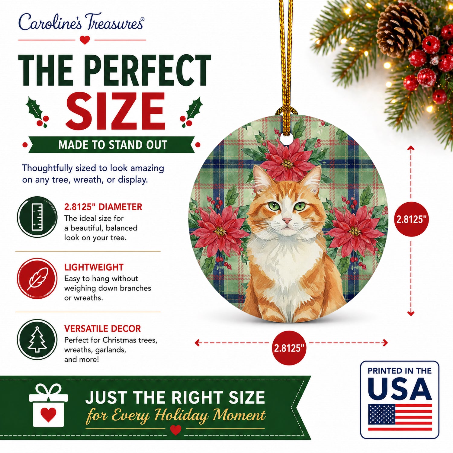 Orange and White Cat with Poinsettias Ceramic Ornament Christmas Tree Hanging Decorations for Home Christmas Holiday, Party, Gift, 3 in, Multicolor