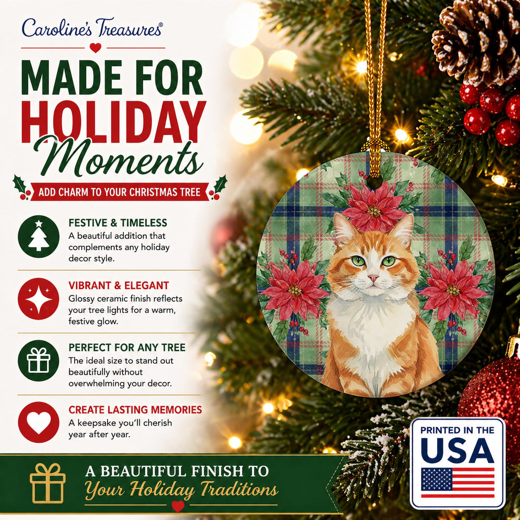 Orange and White Cat with Poinsettias Ceramic Ornament Christmas Tree Hanging Decorations for Home Christmas Holiday, Party, Gift, 3 in, Multicolor