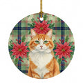 Orange and White Cat with Poinsettias Ceramic Ornament Christmas Tree Hanging Decorations for Home Christmas Holiday, Party, Gift, 3 in, Multicolor