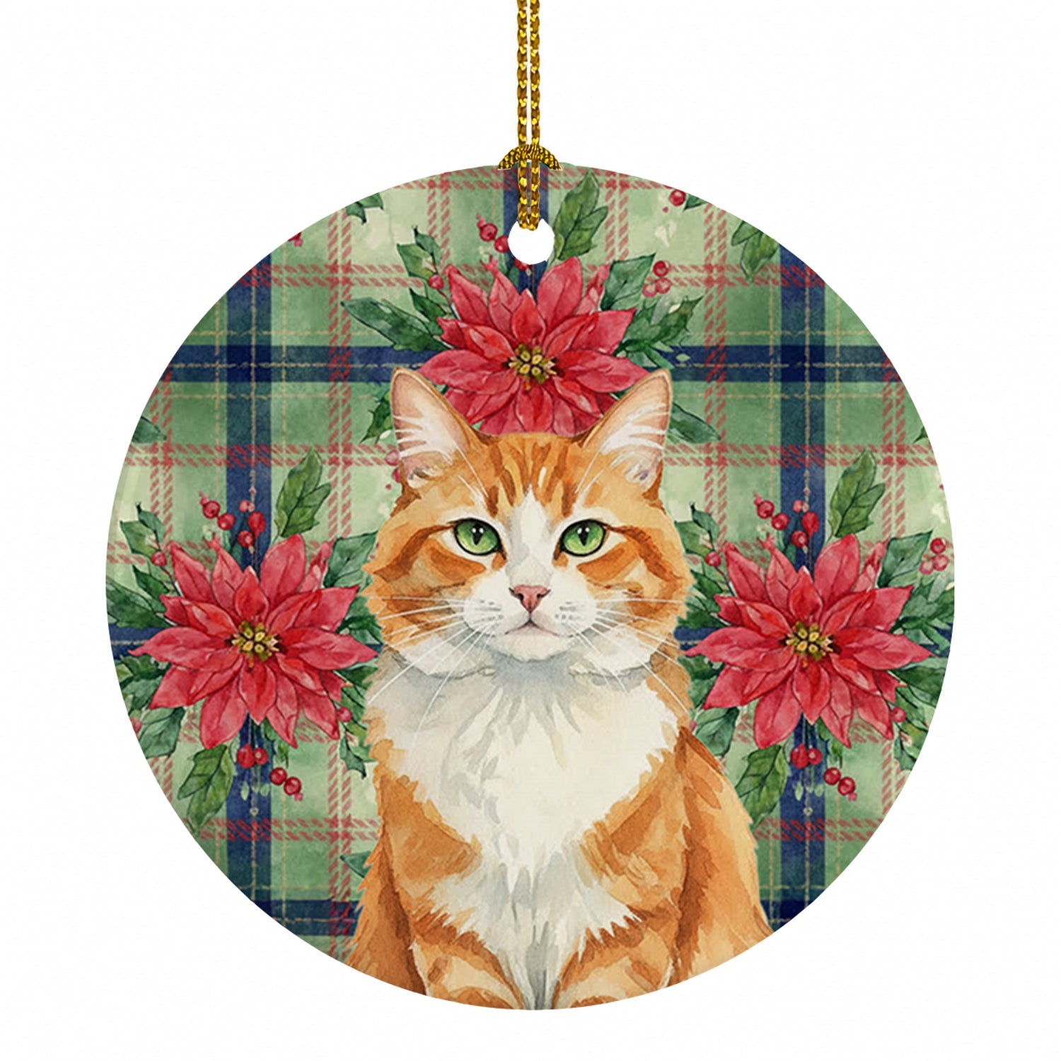 Orange and White Cat with Poinsettias Ceramic Ornament Christmas Tree Hanging Decorations for Home Christmas Holiday, Party, Gift, 3 in, Multicolor