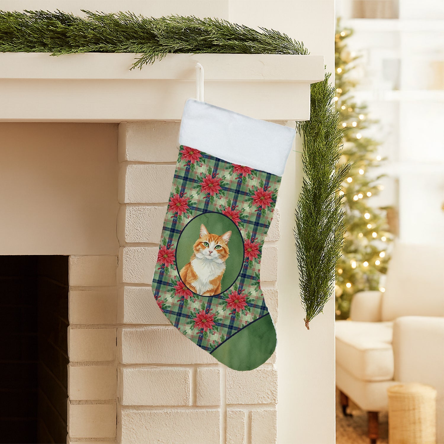 Orange and White Cat with Poinsettias Holiday Stocking Double-Sided Print, Polyester Suede,11x18, Made in USA