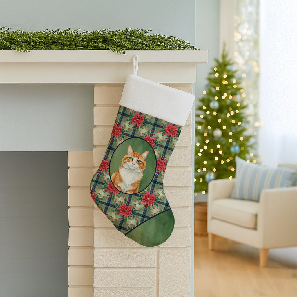 Orange and White Cat with Poinsettias Holiday Stocking Double-Sided Print, Polyester Suede,11x18, Made in USA