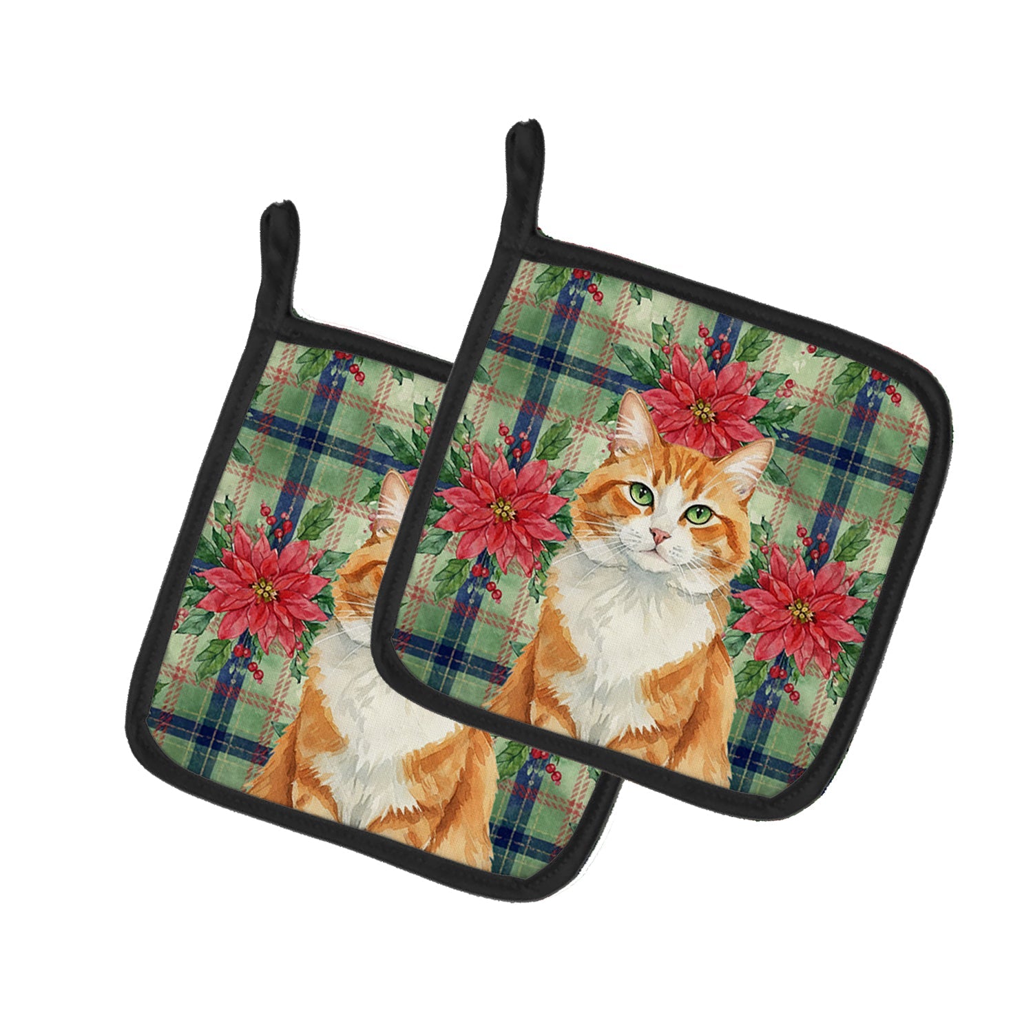 Orange and White Cat with Poinsettias Pot Holder Set of 2 Heat Resistant Quilted Hot Pads 7.5 x 7.5 Inch, Insulated Kitchen Trivets for Cooking & Baking