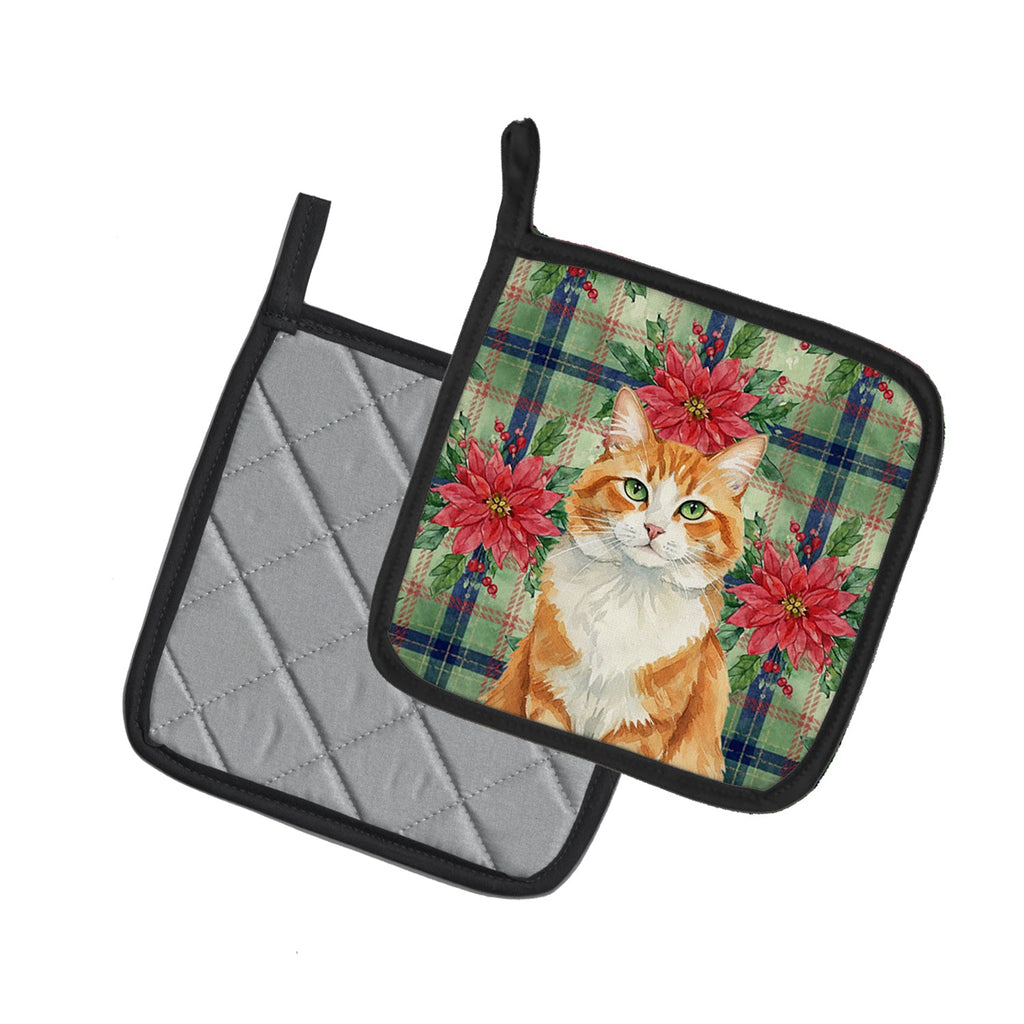 Orange and White Cat with Poinsettias Pot Holder Set of 2 Heat Resistant Quilted Hot Pads 7.5 x 7.5 Inch, Insulated Kitchen Trivets for Cooking & Baking